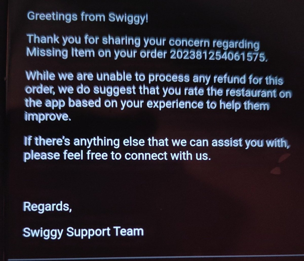 lazyankitsingh's tweet photo. @SwiggyCares @Swiggy @Swiggy 

Is that what customer service looks like ??
The order had missing items and the customer has paid in full and still you won't do the refund though the payment has been made through you!!

#patheticCustomerservice
#swiggy #badservice #poorservice https://t.co/8KfD9EPDq8