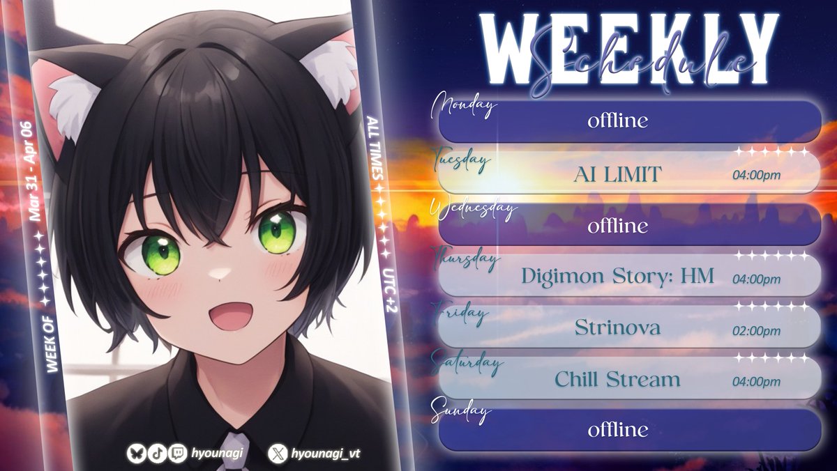 hyounagi_vt's tweet image. ✨Wochenplan✨
Am Dienstag starten wir mit #AILIMIT, Donnerstag geht&apos;s in den Trainings Arc in #HackersMemory. Freitag schauen wir uns das Event in #Strinova an und Samstag ist wieder #HonkaiStarRail dabei.

#GerVTuber #Vtuber #VtuberUprisings #TwitchDE #twitchaffiliate