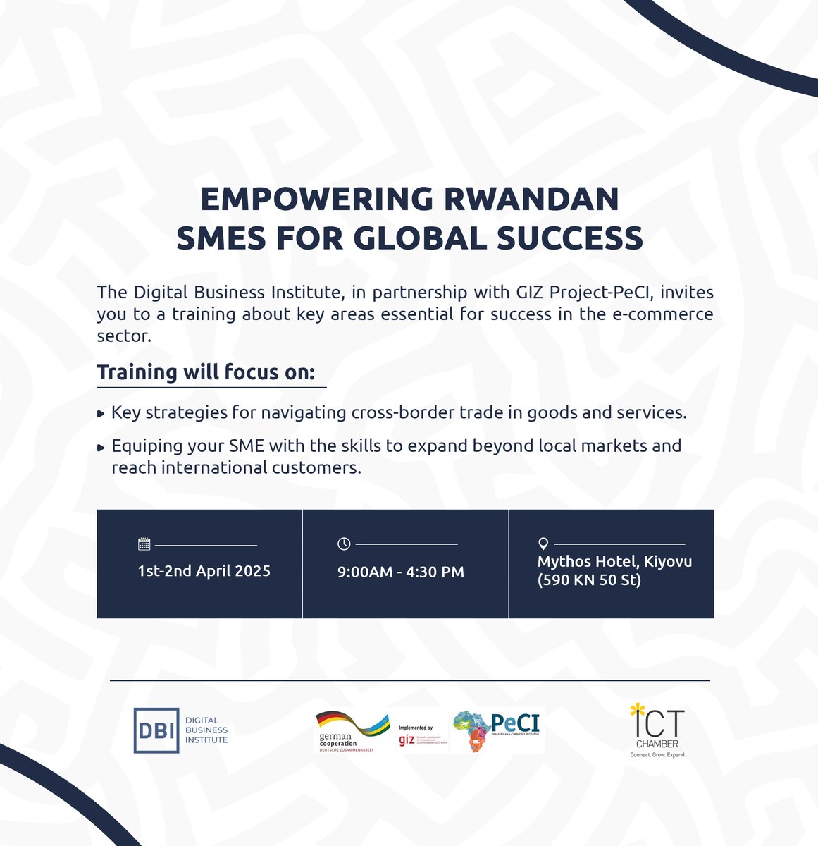 dbi_rwanda's tweet image. 🚀 E-Commerce Training Alert! 🚀
The Digital Business Institute, in partnership with GIZ Project-PeCI, invites you to a training on key areas essential for e-commerce success!
🎟 Limited seats available—don’t miss out!
🔗 Book now: bit.ly/4c97bzH
#Ecommerce #Training