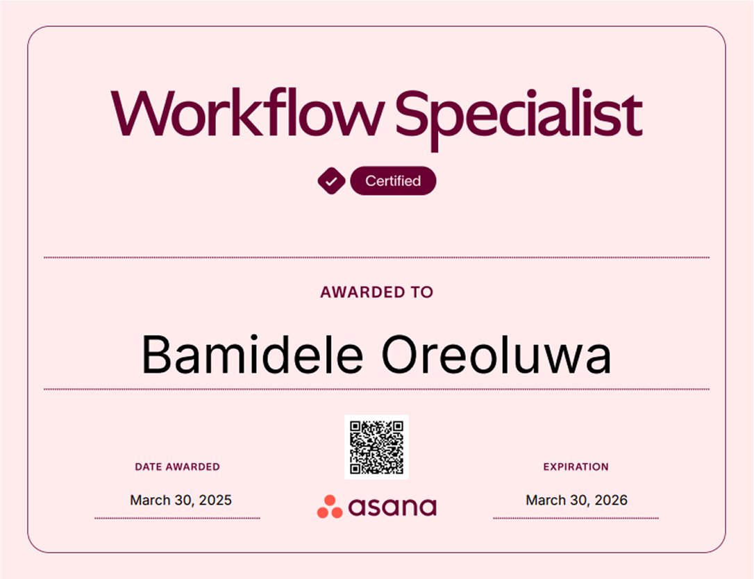 orebamz's tweet photo. Over the weekend, I got my Workflow Specialist Certification from @asana, such an amazing tool.
As a product designer and founder of @bamsthetics, this is a great addition to my portfolio, and streamlining design intake workflows.
Shoutout to @Timmysofine for tweeting about it! https://t.co/N8Kis5cM0b