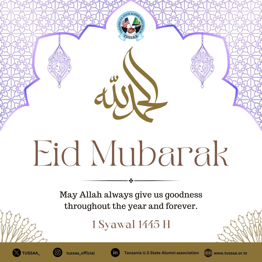🌙 Eid Mubarak from TUSSAA! 🌙
Wishing you and your loved ones a joyful and blessed Eid filled with peace, happiness, and prosperity. May this special day bring unity, kindness, and endless blessings to all.
#EidMubarak    #TUSSAA #PamojaTunaendelea #Eid2025
