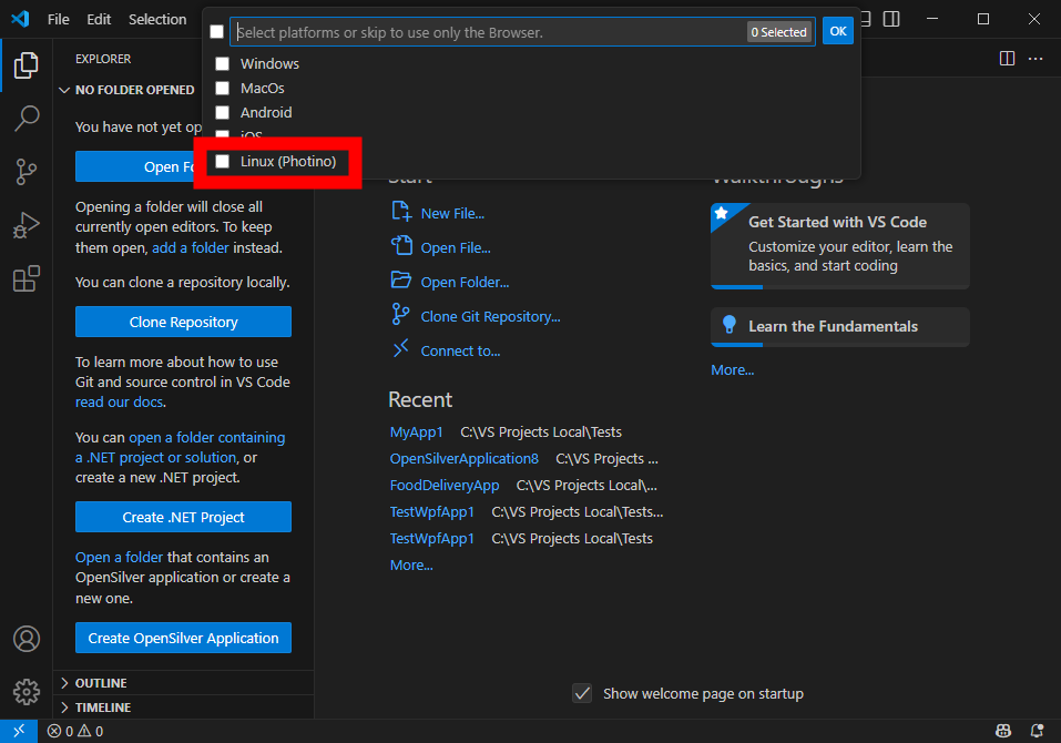 OpenSilverTeam's tweet photo. Just updated the #OpenSilver VSIX to v3.2.0.2.

The Linux target (via Photino) is now officially available!

Screenshots of @VisualStudio and VS @code wizards attached. https://t.co/HGpc2D28bz