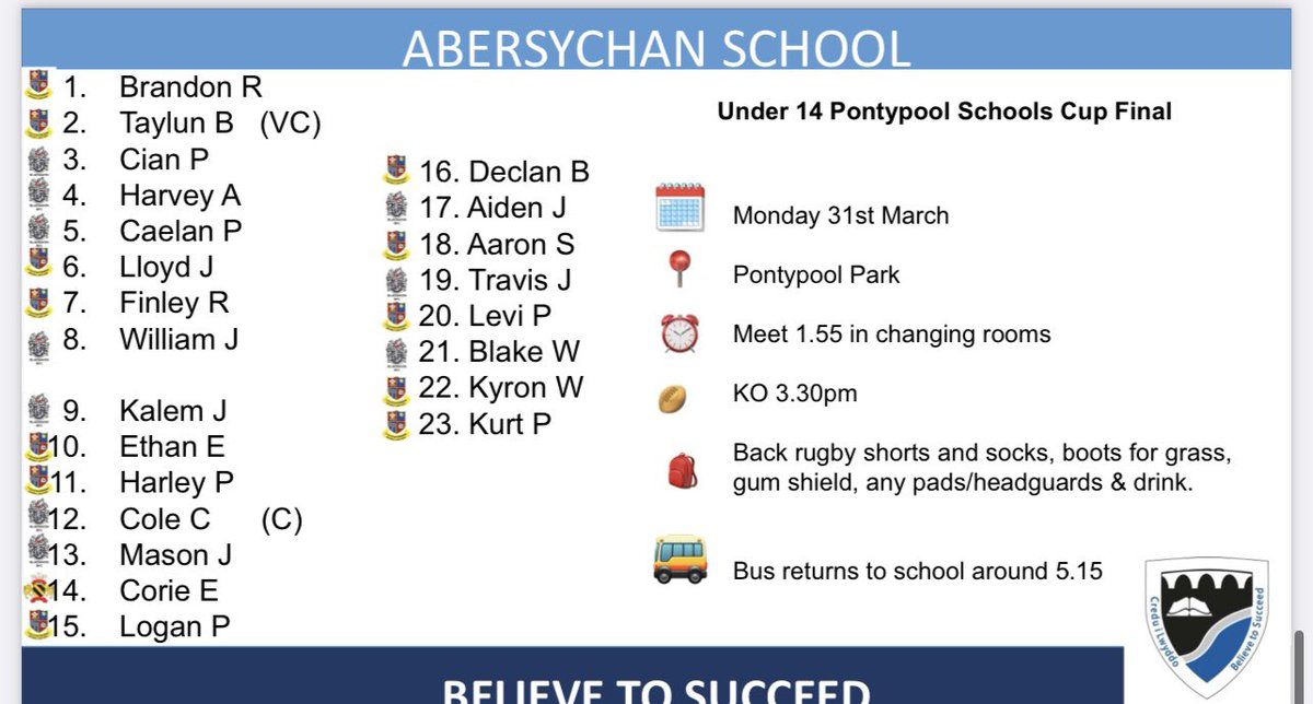 Our Year 9 team to face West Mon today. Kick off is 3:30pm 🏉🏉 Meet in the changing rooms at 1:55pm. Pob Lwc Boys! #abersport