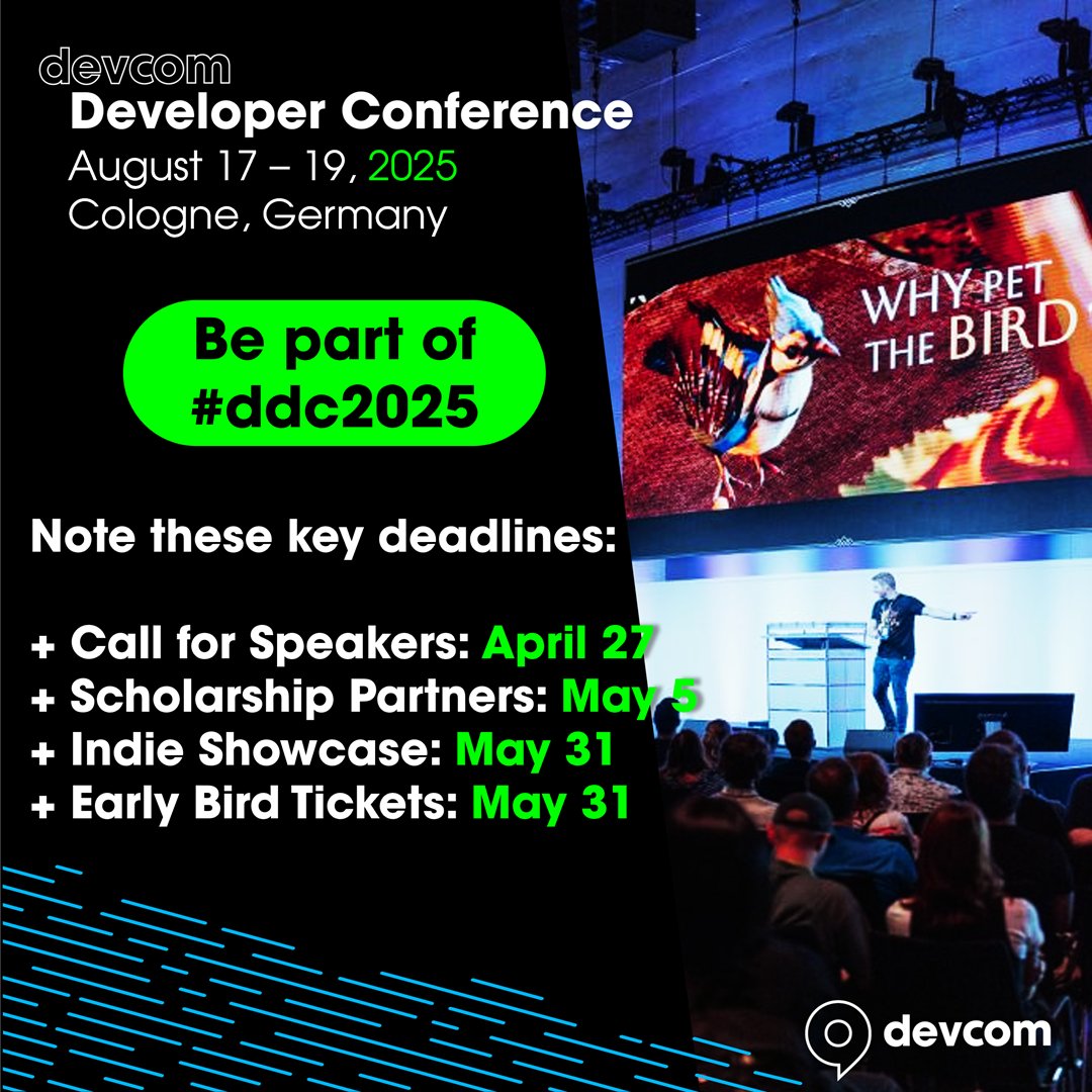 🚀 Join @devcom_global Developer Conference #ddc2025

🎤 Call for Speakers (Deadline: April 27)
🎓 Scholarship Program Partner (Deadline: May 5)
🎮 devcom Indie Showcase 2025 (Deadline: May 31)
🎟️ Early Bird Tickets (Available until May 31)

▶️ devcom.global/ddc-2025/