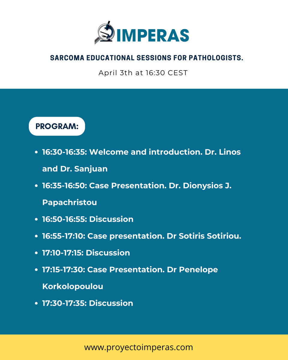 GEIS (@grupogeis) on Twitter photo 📢 Nueva Sesión de Sarcomas IMPERAS – Abril 2025
El próximo 3 de abril a las 16:30 CEST tendrá lugar la sesión mensual de IMPERAS, organizada en colaboración con el Greece Soft Tissue Pathology Group.
Para acceder a la sesión en Zoom, contacta con isidro.machado@uv.es.
#IMPERAS 📢 Nueva Sesión de Sarcomas IMPERAS – Abril 2025
El próximo 3 de abril a las 16:30 CEST tendrá lugar la sesión mensual de IMPERAS, organizada en colaboración con el Greece Soft Tissue Pathology Group.
Para acceder a la sesión en Zoom, contacta con isidro.machado@uv.es.
#IMPERAS
