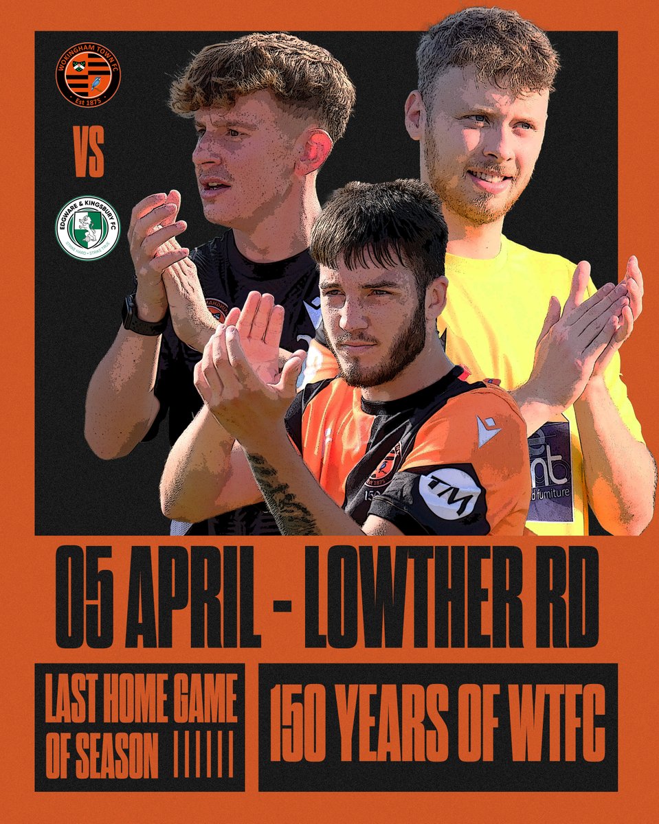 1⃣5⃣0⃣ ANNIVERSARY CELEBRATION GAME 🥳

Join us at Lowther Road this Saturday for our final Home game of the season, as we mark 150 years of WTFC 🍊

👕 Edgware &amp; Kingsbury (<a href="/E_K_FC/">Edgware & Kingsbury Football Club</a>) 
📌 Lowther Road, RG41 1JD
🍻 Time to Celebrate!