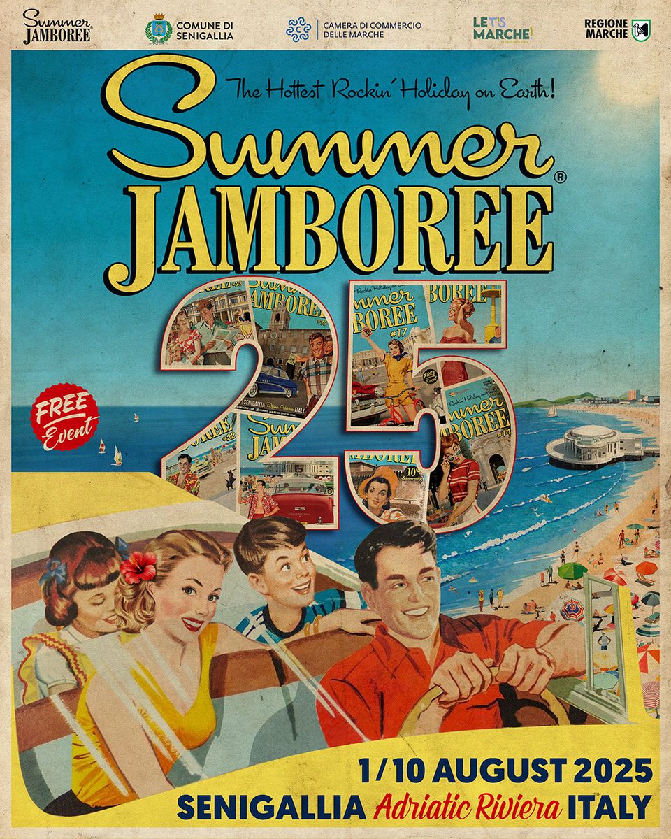 Ci sono storie che sembrano uscite da un film. La nostra (quella di tutti voi e noi) è fatta di sorrisi, suoni d’altri tempi, incontri che cambiano le estati ☀️🏖️

✨ Il Summer Jamboree compie 25 anni.
📅 1–10 agosto 2025
❤️‍🔥 The Hottest Rockin’ Holiday on Earth is back!