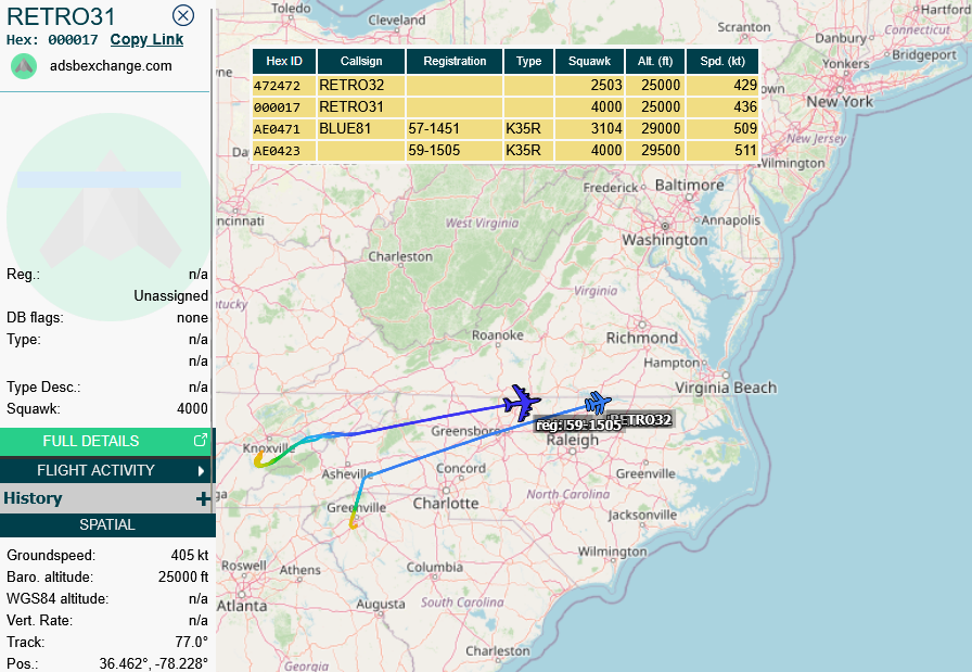 SirListenalot's tweet photo. #KC135's #BLUE81-82 en route McGhee Tyson - Morón, Spain with what looks like a pair of non-US #F16's (Bahraini?) #RETRO31-32 out of Donaldson https://t.co/6tP5JjAcmQ