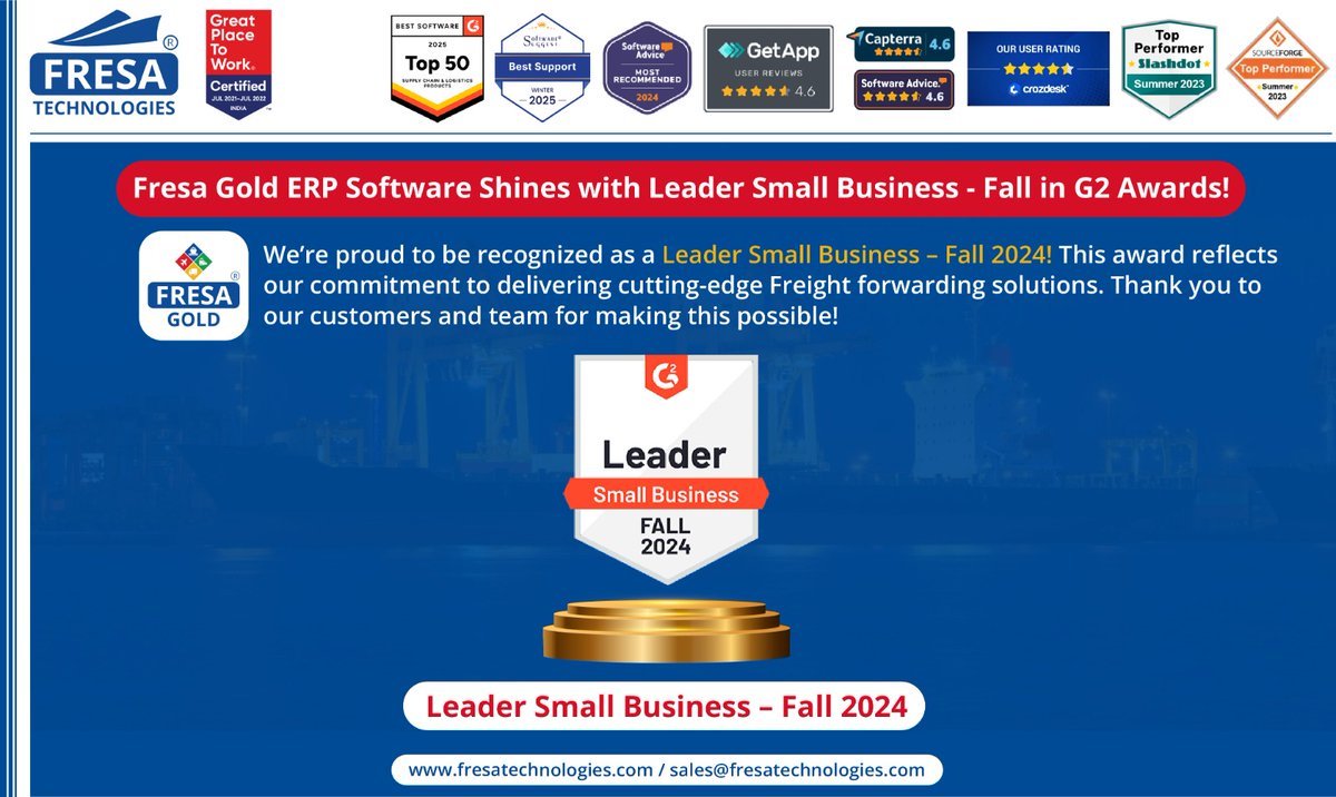 fresatechnology's tweet photo. Leader Small Business FALL 2024 

 Unlock actionable insights now! Schedule your demo today!
https://t.co/TPgidakhBw

For more queries please visit below link 👇
https://t.co/9GsFzlVPVm

#FresaTechnologies | #CustomerSuccess | #AsiaLeader | #TechInnovation | #FreightSolutions https://t.co/hzlgmZCSbN