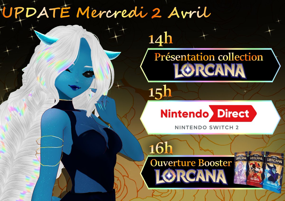 Update du Planning !
14h : Présentation de la collection Lorcana
15h : Nintendo Direct !
~16h : Ouverture des Booster Lorcana !
twitch.tv/oniholo