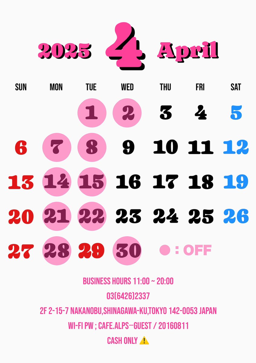 cafe_alps's tweet photo. 4月の営業予定です🗓️
宜しくお願い致します🍔🔥🔥🔥 https://t.co/m1wrXi001t