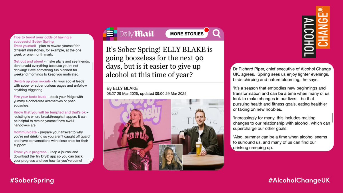Alcohol Change UK (@alcoholchangeuk) on Twitter photo Put some Sober Spring in your step this morning and check out this piece in the <a href="/DailyMailUK/">Mail+</a> by <a href="/eb_journo/">Elly Blake</a>!🌷
<a href="/AlcoholChangeUK/">Alcohol Change UK</a> ambassador and founder of Sober Girl Society, <a href="/milliegooch/">Millie Gooch</a>, our CEO <a href="/RichardCPiper/">Richard Piper</a> and founder of <a href="/LuckySaintBeer/">Lucky Saint</a>, Luke Boase, <a href="/dryjanuary/">Dry January</a> partner Put some Sober Spring in your step this morning and check out this piece in the <a href="/DailyMailUK/">Mail+</a> by <a href="/eb_journo/">Elly Blake</a>!🌷
<a href="/AlcoholChangeUK/">Alcohol Change UK</a> ambassador and founder of Sober Girl Society, <a href="/milliegooch/">Millie Gooch</a>, our CEO <a href="/RichardCPiper/">Richard Piper</a> and founder of <a href="/LuckySaintBeer/">Lucky Saint</a>, Luke Boase, <a href="/dryjanuary/">Dry January</a> partner