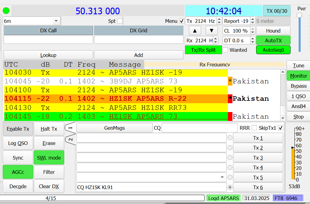 A new country for me on 6m FT8! Pakistan in the log.