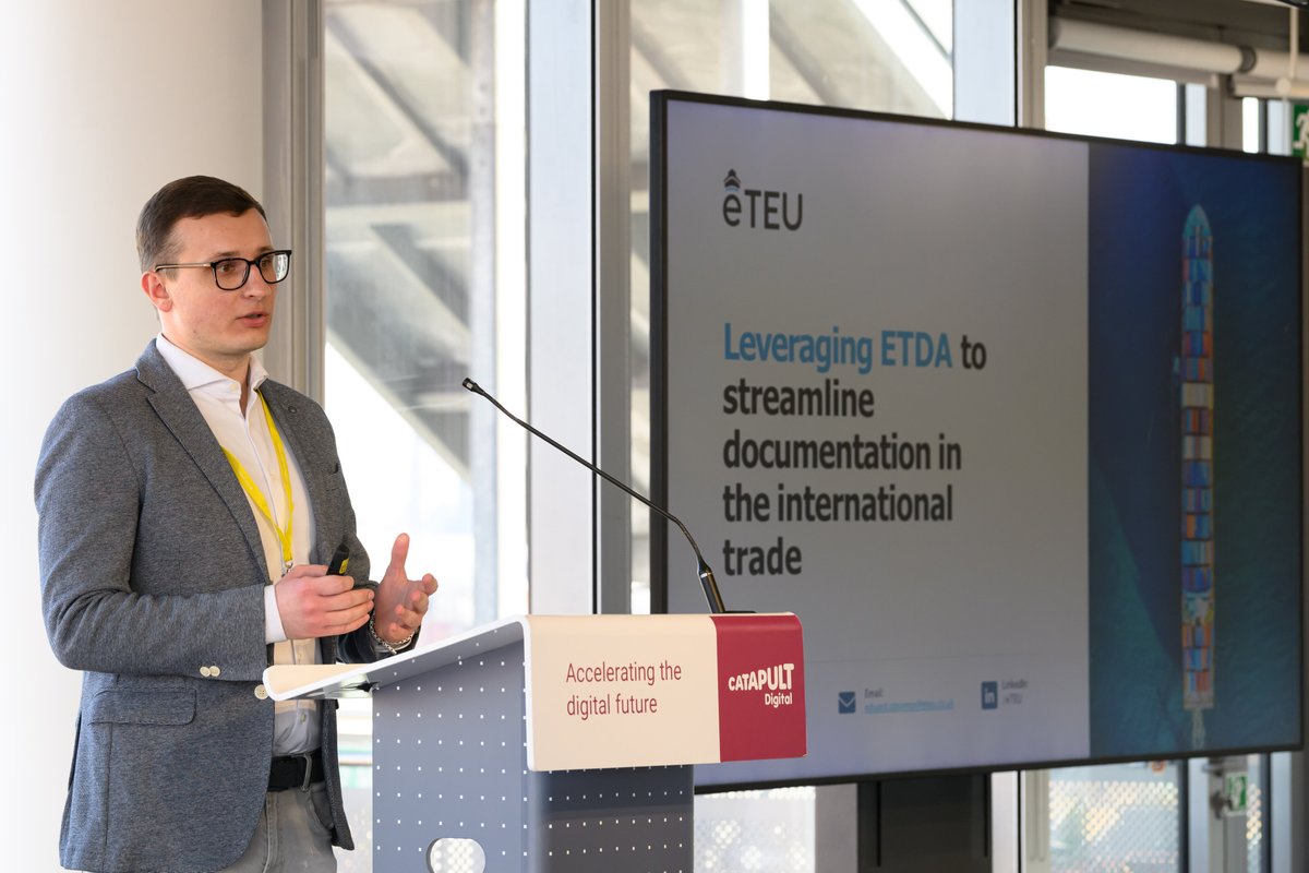eteutech's tweet photo. 🚀 Thrilled to present the results of eTEU’s work on the Seamless Trade Across Borders project at @DigiCatapult!
Collaborating with @BAESystemsplc and @Leonardo_live we explored the game-changing potential of the Electronic Trade Documents Act (ETDA) - digitising trade documentation to remove barriers & boost efficiency.
Huge thank you to project partners @iccwbo and @bt_uk for their support. Excited for what’s next in transforming international trade!