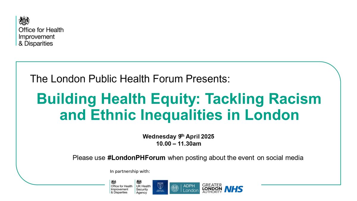 ADPH London (@londonadph) on Twitter photo Registration is now open for the next #LondonPHForum Building Health Equity: Tackling Racism and Ethnic Inequalities in London Chaired by
<a href="/ProfKevinFenton/">Kevin Fenton</a>
with keynote from @MichealMarmot - register by 8 April to join this important event
👉🏾bit.ly/4j6Achv Registration is now open for the next #LondonPHForum Building Health Equity: Tackling Racism and Ethnic Inequalities in London Chaired by
<a href="/ProfKevinFenton/">Kevin Fenton</a>
with keynote from @MichealMarmot - register by 8 April to join this important event
👉🏾bit.ly/4j6Achv