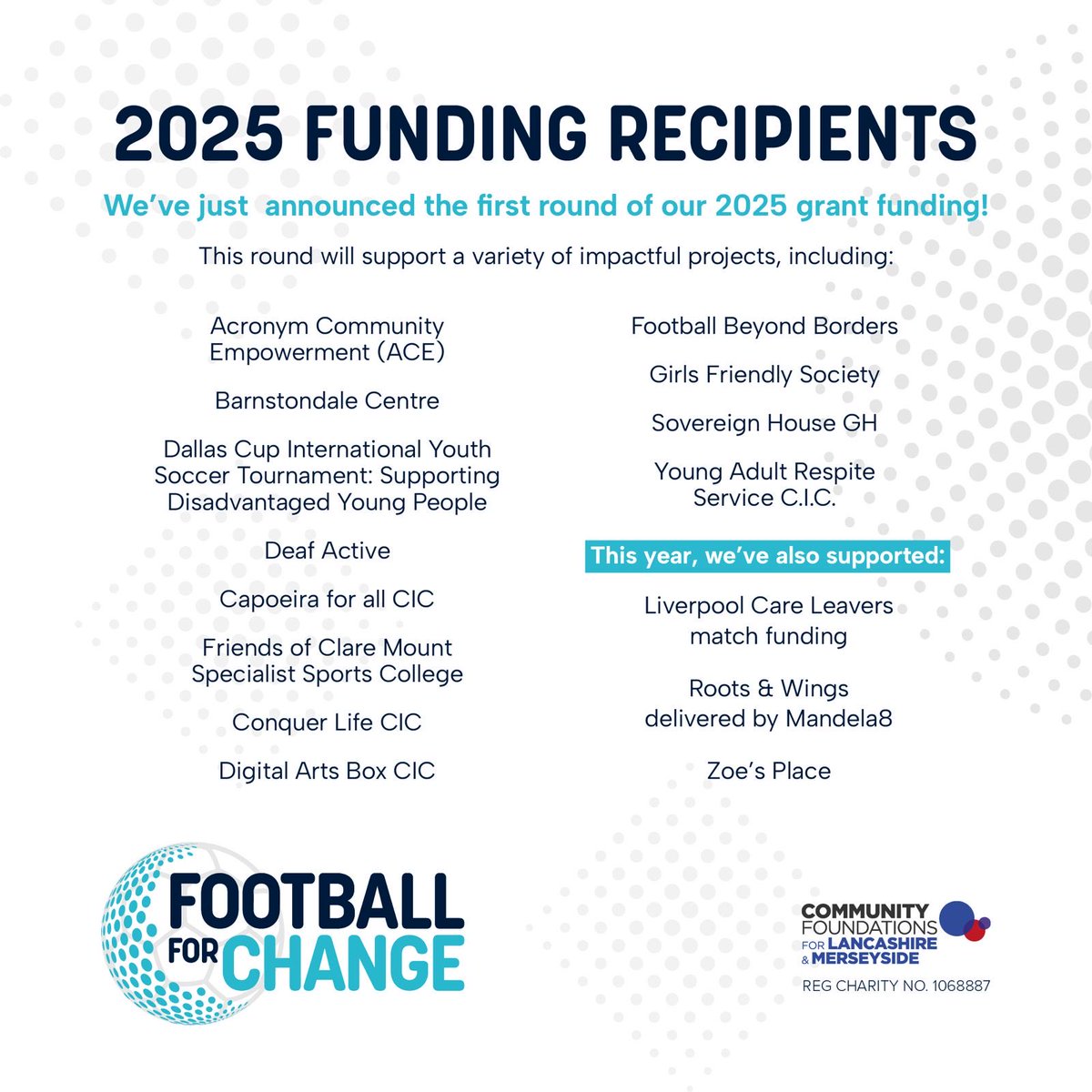 Football For Change (@ftblforchange) on Twitter photo Today, we’re excited to announce the first round of #FootballForChange grants for 2025 💫⚽️ ⬇️
More at: footballforchange.org.uk <a href="/UKCF_tweets/">UK Community Foundations</a> <a href="/CF_Merseyside/">Community Foundation for Merseyside</a> Today, we’re excited to announce the first round of #FootballForChange grants for 2025 💫⚽️ ⬇️
More at: footballforchange.org.uk <a href="/UKCF_tweets/">UK Community Foundations</a> <a href="/CF_Merseyside/">Community Foundation for Merseyside</a>
