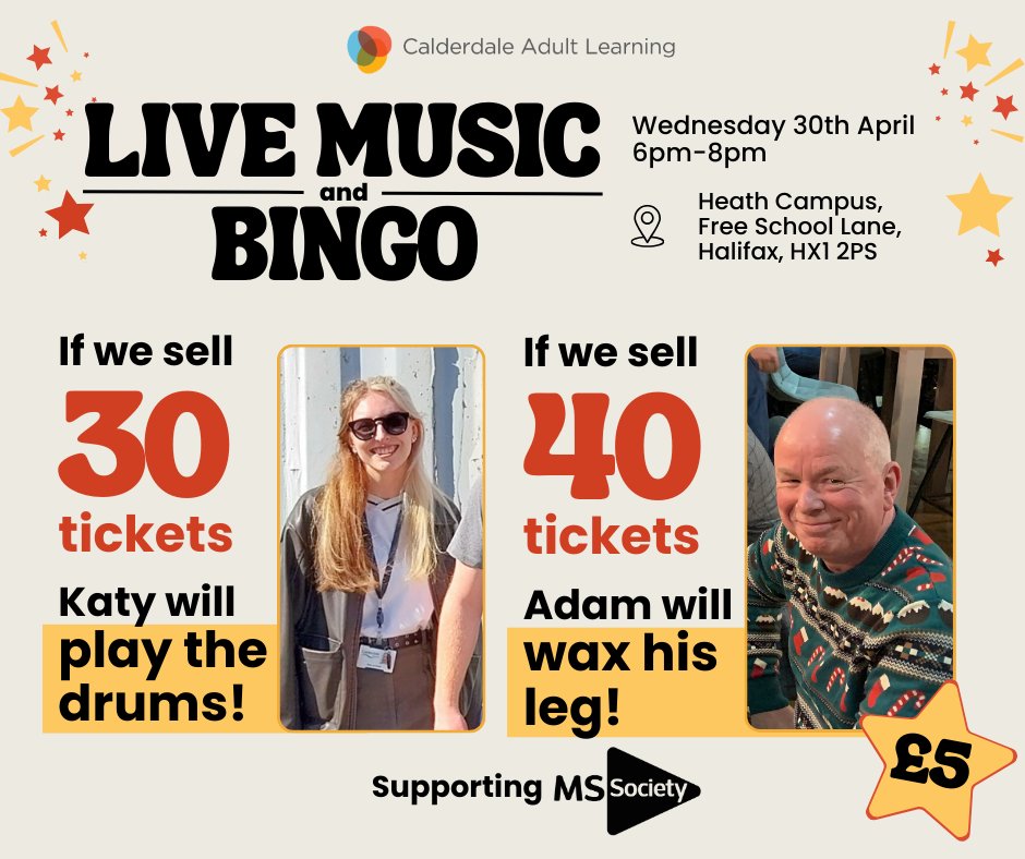 LearningCAL's tweet image. Have you got your ticket for our first ever Live Music and Bingo fundraising event? 
Tickets are just £5 and, after some mutual persuasion, Adam and Katy have agreed that if we sell 30 tickets, Katy will play the drums on the night, if we sell 40 tickets, Adam will wax his leg!