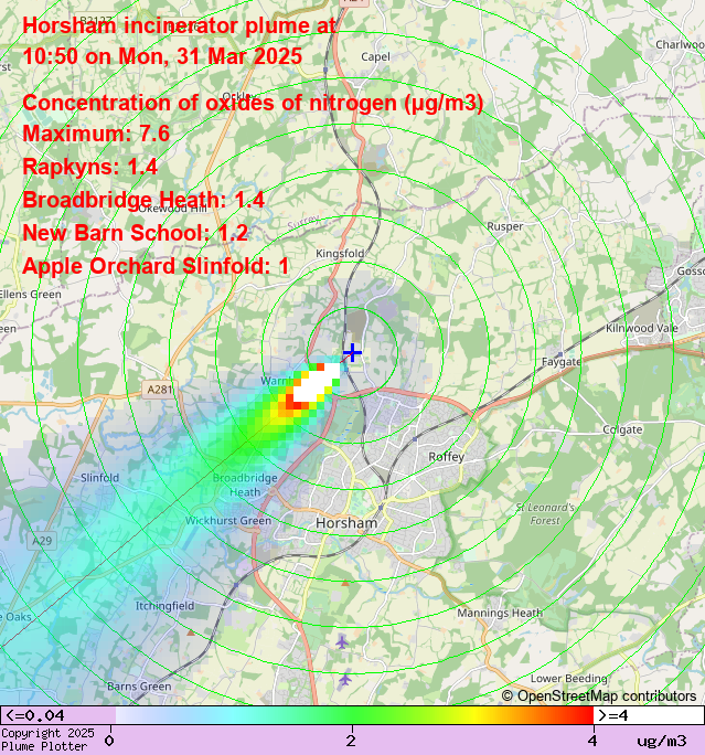 Latest Horsham incinerator plume plot, 10:50  31/03/25 #Rapkyns #BroadbridgeHeath #AppleOrchardSlinfold  plumeplotter.com/horsham/