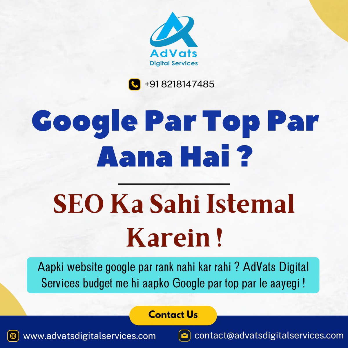 AdVatsDigital's tweet photo. Google Par Top Par Aana Hai ?
SEO Ka Sahi Istemal Karein !
๐Call: +91 8218147485 |๐https://t.co/GhdafmaG5l |๐ฉDM Us Now!
#digitalmarketing #logisticsmarketing #ecommercesuccess #travelbrandgrowth #edtechmarketing #hotelgrowthstrategy
#seoexperts #advatsdigitalservices https://t.co/n8NBzyVIwb