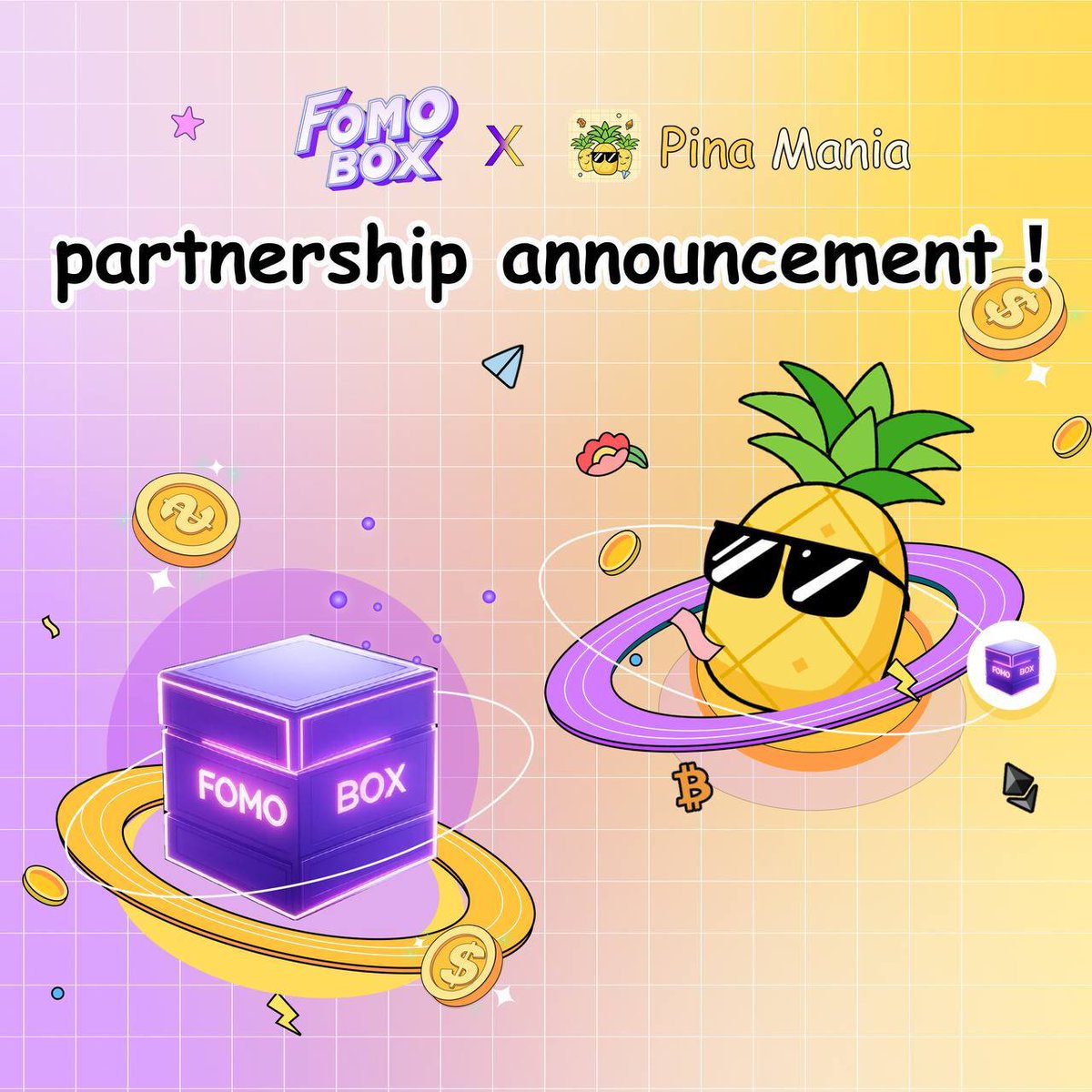 📣 Pina Gang, it’s time to level up! 
🚀 Pina Mania × FOMO Box (@wowfomobox) collab is LIVE!
🎁 Earn Fomo Points &amp; Unlock HUGE Airdrops!
 💰 Exclusive Rewards and 🔥 Exciting Surprises!

🚀 Get Testnet Coins Now!
 1️⃣ Join our Discord and fill in your email.  
 2️⃣ We’ll send the