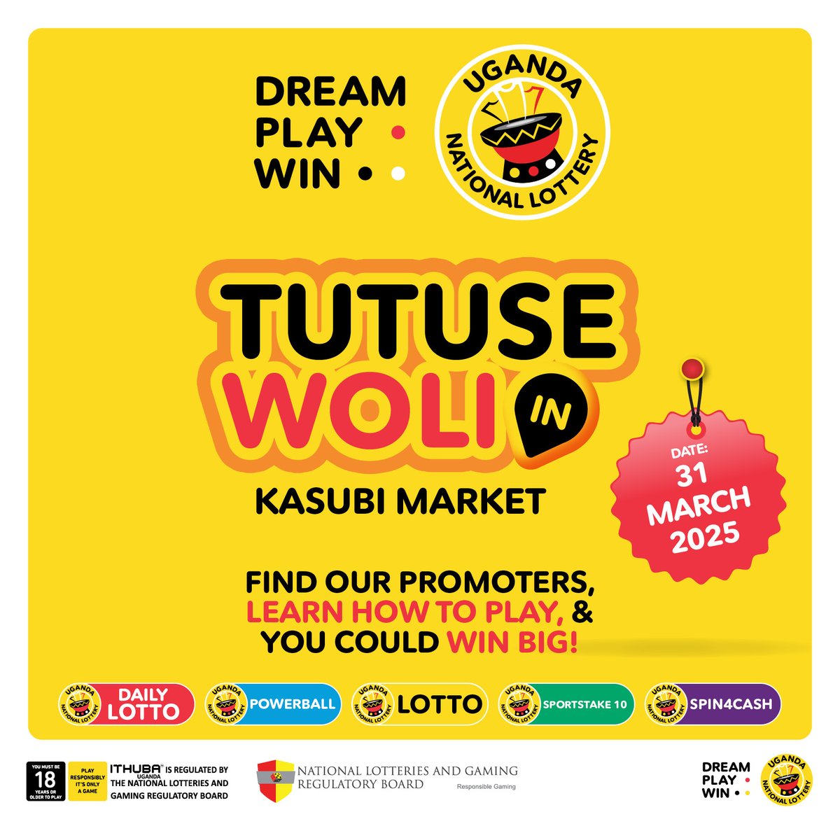 LotteryUganda's tweet photo. UGANDA! TODAY, SOMEONE MUST WIN UGX 1 MILLION! With DAILY LOTTO, the jackpot MUST BE WON EVERY DAY! YOU HAVE TO BE IN IT TO WIN IT!
Look out for our promoters in areas of #Nankulabye, #Mengo, #Kasubi & #Namungoona today to PLAY NOW on https://t.co/Awtpvt4tho or dial *278# OR *185# on Airtel Money OR *165# on MTN MoMo OR *252# (the lifestyle) to play.
Ticket sales close at 8:30pm on any given day.
#DreamPlayWin
#UgandaNationalLottery