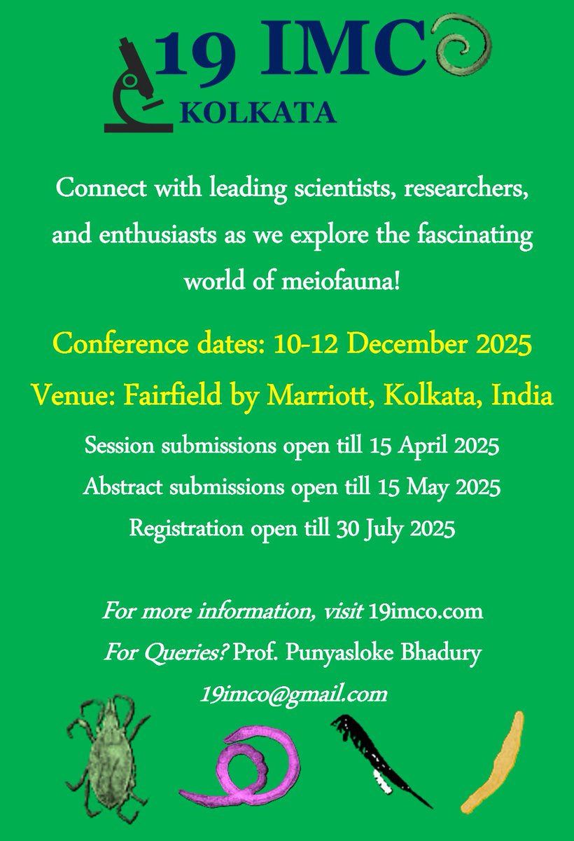 The 19IMCO meeting will be held for the first time in Asia! We are super excited to start accepting session proposals. Join us to showcase your work on meiofauna. Visit 19imco.com ⁦<a href="/BhadPunyasloke/">Punyasloke Bhadury</a>⁩