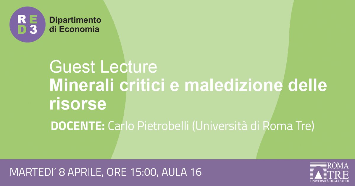 📢 Lezione dal titolo "Minerali critici e maledizione delle risorse naturali"

📆 8 aprile 2025, ore 15:00

📍Aula 16

ℹ️ Maggiori informazioni sul nostro sito

#economics #ambiente #lavoro #sviluppo #sostenibile