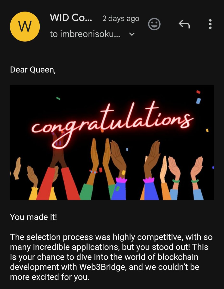 Super excited to share that I got selected for the <a href="/womenindefi_org/">WomenInDeFi.eth</a>  X <a href="/Web3Bridge/">Web3bridge™ Africa</a> Blockchain Developer training.
 
Can't wait to learn, build, and connect with amazing minds 🎊🎉