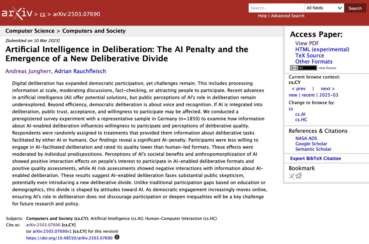 Andreas Jungherr (@ajungherr) on Twitter photo 📢 New Working Paper: AI & Deliberation 📢
What role does Artificial Intelligence (AI) play in democratic deliberation? Together with <a href="/OuzhouAdi/">Adrian Rauchfleisch</a>, I explored this question. Findings in the thread 🧵👇
(1/7) 📢 New Working Paper: AI & Deliberation 📢
What role does Artificial Intelligence (AI) play in democratic deliberation? Together with <a href="/OuzhouAdi/">Adrian Rauchfleisch</a>, I explored this question. Findings in the thread 🧵👇
(1/7)