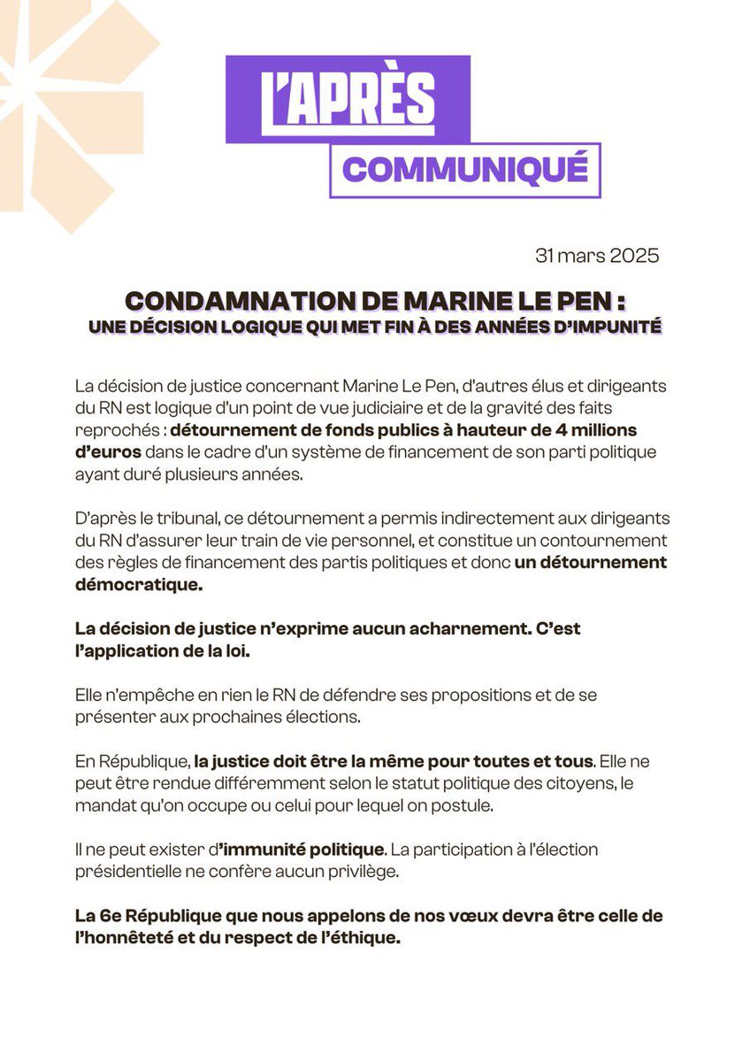 Condamnation de Marine Le Pen, d’autres élus et dirigeants du RN. 

Une décision logique qui met fin à des années d’impunité. ⤵️