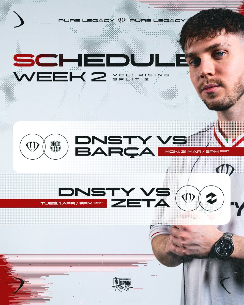 DNSTY (@dnstygg) on Twitter photo 📅 Week 2 of #RisingMediaMrkt
Monday, March 31 at 5PM CEST vs <a href="/FCBeSports/">Barça eSports 🎮</a>
Tuesday, April 1 at 9PM CEST vs <a href="/ZetaGaming/">ZETA Gaming</a>
#PureLegacy 📅 Week 2 of #RisingMediaMrkt
Monday, March 31 at 5PM CEST vs <a href="/FCBeSports/">Barça eSports 🎮</a>
Tuesday, April 1 at 9PM CEST vs <a href="/ZetaGaming/">ZETA Gaming</a>
#PureLegacy