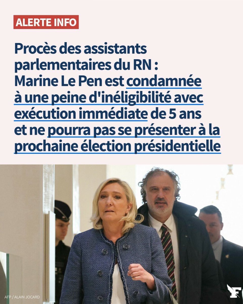 🔴⚡️ Marine Le Pen est condamnée à quatre ans de prison, dont deux ans ferme, et à cinq ans d’inéligibilité.

Tremblement de terre dans la vie politique française : la candidate du RN ne pourra pas se présenter en 2027.