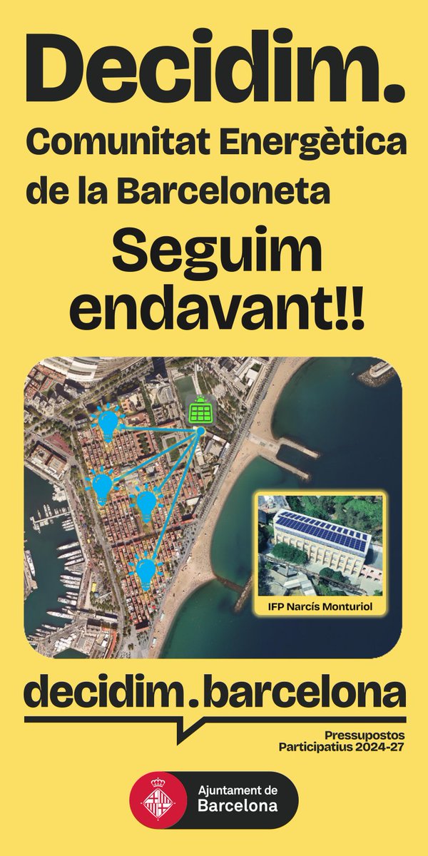 🟢Pressupostos Participatius 2024-2027 🟢

La Comunitat Energètica de la Barceloneta segueix endavant. Ha estat una de les propostes prioritzades per les veïnes i passa a la següent fase!

Moltes gràcies a tothom que l'heu votada!