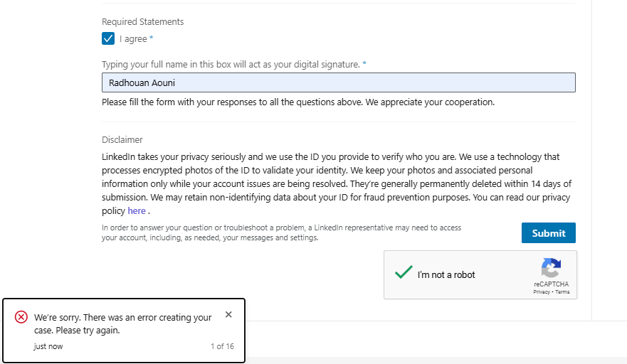 Radhouan_A's tweet photo. @LinkedInHelp @TheGirlTiifah @LinkedInHelp @LinkedIn
You demand ID verification to restore my account
- But your phone verification blocks me after ONE attempt
- "Maximum tries reached" error for 15+ days
- Your help center ALWAYS errors: "Sorry, error creating your case" https://t.co/xtr6lNhBkX