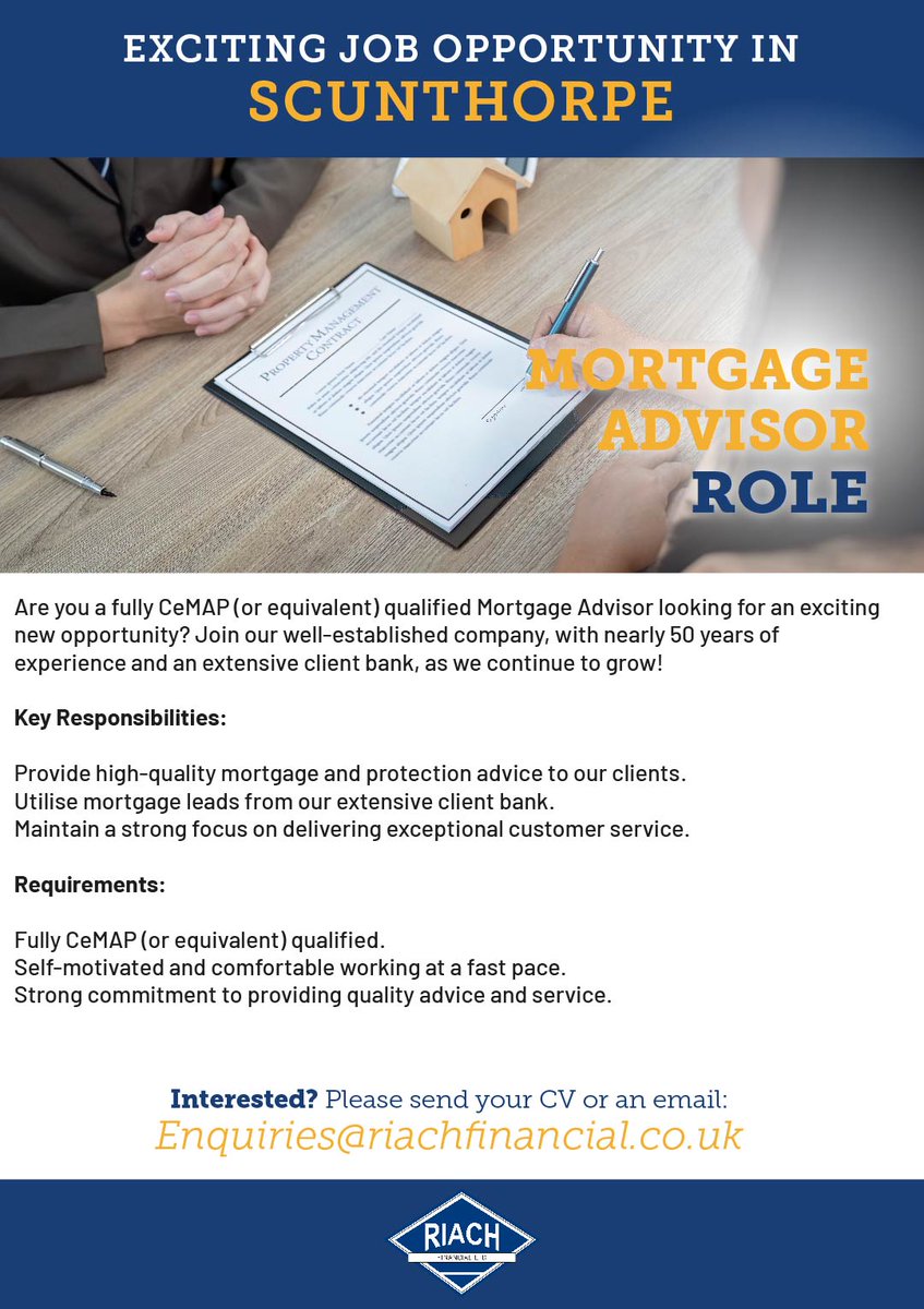WE ARE HIRING

Riach Financial are looking for a qualified Mortgage Advisor to join our team of experts!

If you are interested, please email: enquiries@riachfinancial.co.uk