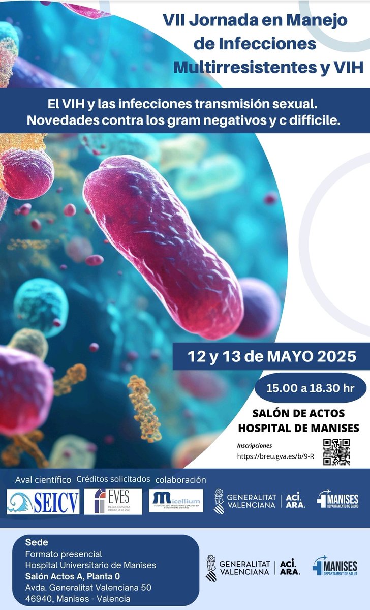 Os invitamos a la VII edición de las Jornadas de Manejo de Infecciones multirresistentes del <a href="/GVASalutManises/">GVA Departament de Salut de Manises</a> a celebrarse los días 12 y 13 de mayo 2025 en el salón de actos (planta baja). Link de registro <a href="/HGUVALENCIA/">HOSPITAL GENERAL</a> <a href="/SEICV_oficial/">SEICV</a> 
breu.gva.es/b/9-R