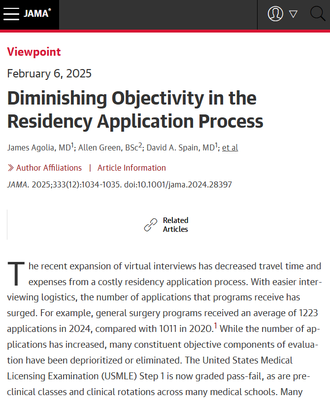 "The challenge of evaluating...applications in the face of diminishing objective standards is real." 

This Viewpoint discusses the importance of standardized metrics of academic and clinical performance among medical students applying for residency. ja.ma/3DXgTZe