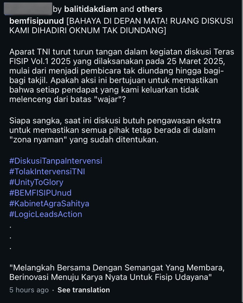 Update dari kasus parjo X UNUD ya gaes‼️

Parjo udah intervensi diskusi Teras FISIP Vol. 1 2025 yg diselenggarakan BEM FISIP UNUD tanggal 25 Maret 2025 lalu‼️

#CabutUUTNI 
#TolakRUUPolri 

Pic: IG bemfisipunud