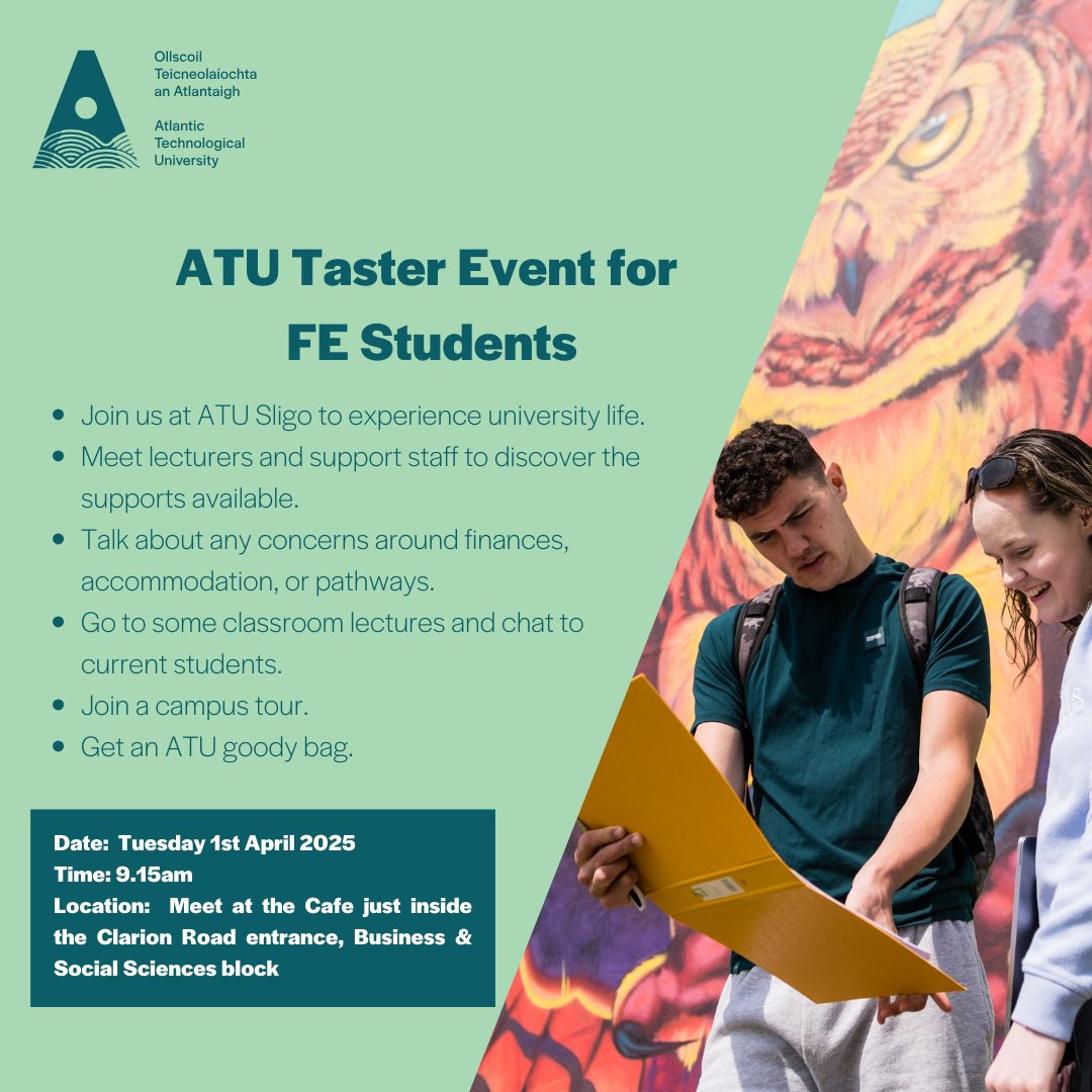 HigherEd4 (@higher_ed4) on Twitter photo Thinking of moving from Further Education into Higher Education. Why not attend a Taster Day at <a href="/atusligo_ie/">ATU Sligo</a> tomorrow, Tuesday (April 1) – when you can meet lecturers, including our Progression Pathways team, and support staff to discuss options.
<a href="/atu_ie/">Atlantic Technological University</a>
highered4.ie/article/atu-ta… Thinking of moving from Further Education into Higher Education. Why not attend a Taster Day at <a href="/atusligo_ie/">ATU Sligo</a> tomorrow, Tuesday (April 1) – when you can meet lecturers, including our Progression Pathways team, and support staff to discuss options.
<a href="/atu_ie/">Atlantic Technological University</a>
highered4.ie/article/atu-ta…