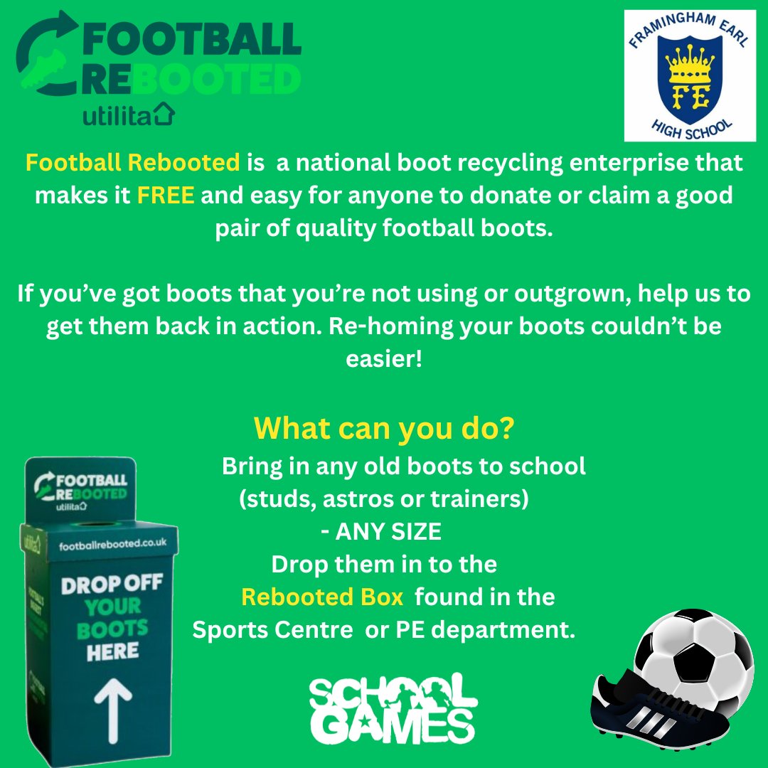 South Norfolk SSP (@southnorfolkssp) on Twitter photo Exciting news! Weโre launching Football Rebooted with <a href="/FramearlPE/">Framingham Earl PE</a> <a href="/FraminghamEarl/">Framingham Earl High School</a> to rehome 1 MILLION football boots & trainers! ๐โฝ
Got pre-loved boots, astros, or trainers? Drop them in the Rebooted Bin at the Sports Centre or school reception! ๐โป Exciting news! Weโre launching Football Rebooted with <a href="/FramearlPE/">Framingham Earl PE</a> <a href="/FraminghamEarl/">Framingham Earl High School</a> to rehome 1 MILLION football boots & trainers! ๐โฝ
Got pre-loved boots, astros, or trainers? Drop them in the Rebooted Bin at the Sports Centre or school reception! ๐โป