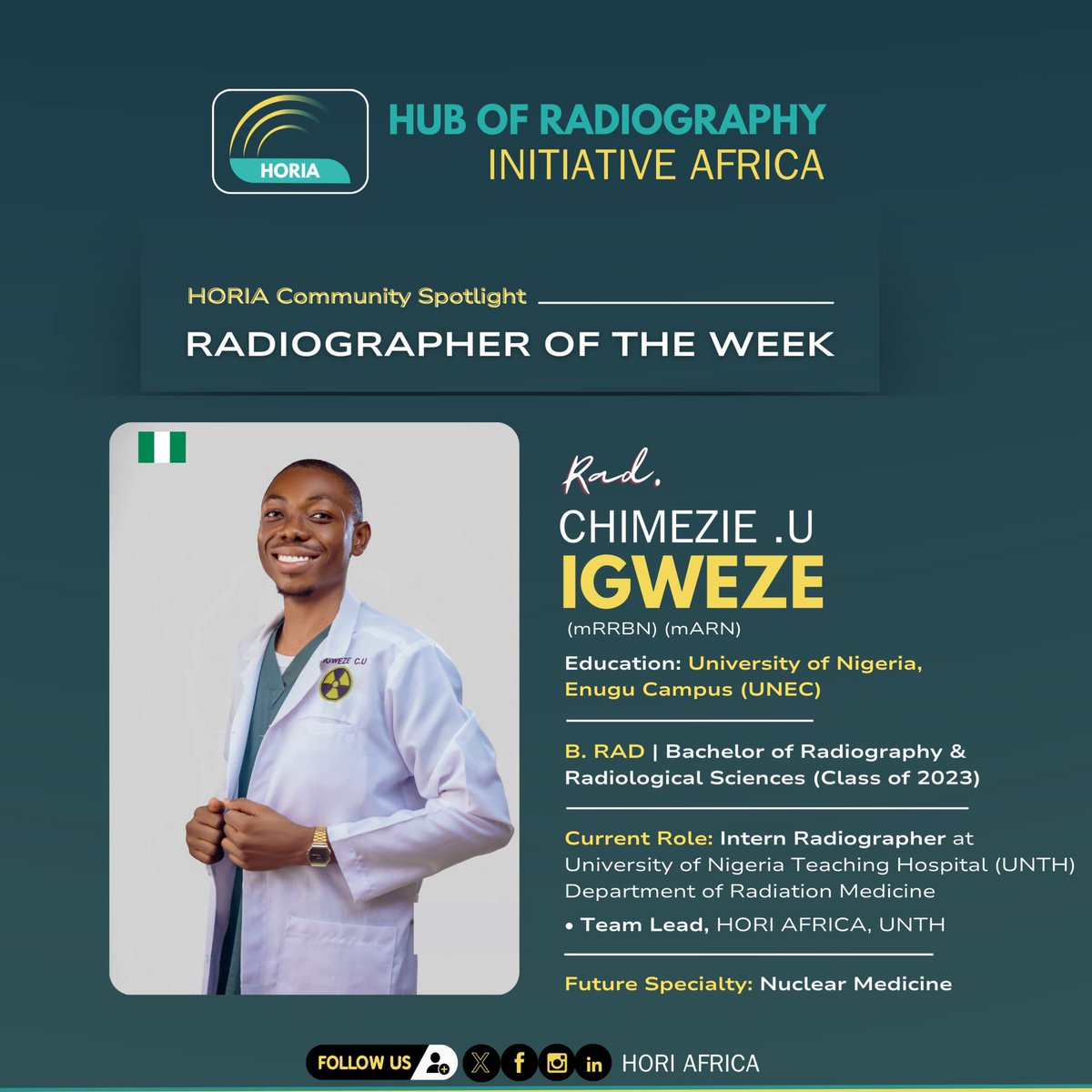RADIOGRAPHER OF THE WEEK AT UNTH💥

This award honors Rad. Chimezie Uzodinma Igweze's outstanding contributions at Radiation Medicine Department (UNTH) We celebrate his achievement and commitment to excellence in the Radiography Profession

Congratulations.

 #RadiographyAdvocacy