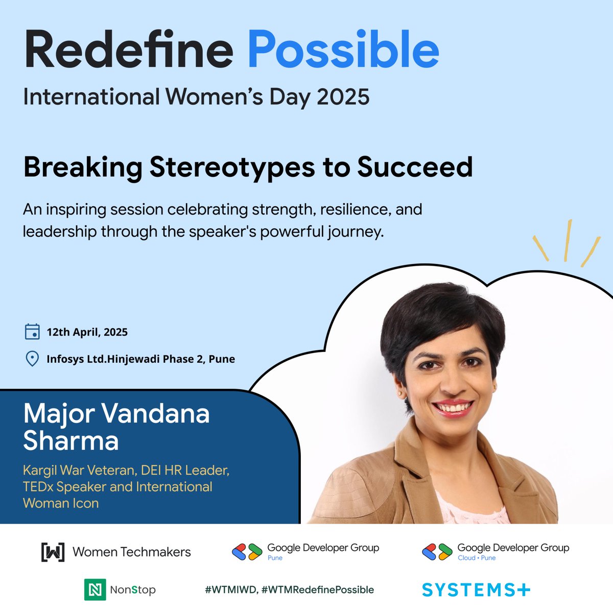 From the frontlines of Kargil to corporate leadership, Major Vandana Sharma has shattered stereotypes! 🪖💼

🎙️ Topic – "Breaking Stereotypes to Succeed"
📅 12th April, 2025 | 📍 Infosys, Pune

🔗 Register now:tinyurl.com/Gdgpune

#WTMIWD #RedefinePossible #IWD2025