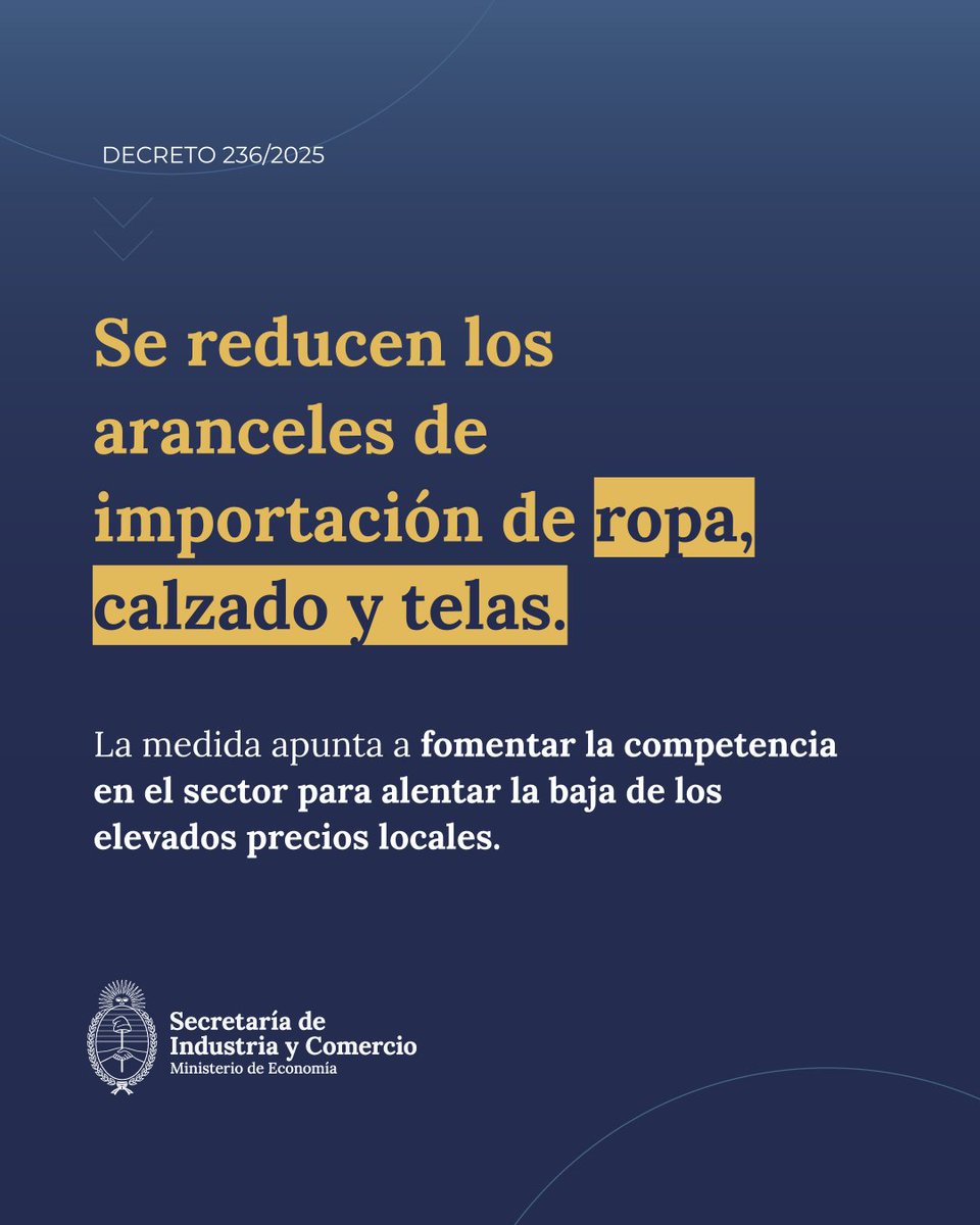 ComercioArg's tweet image. Argentina tiene la ropa más cara de la región.
Con la reducción de aranceles de importación, impulsamos la competencia en el sector para corregir distorsiones de precios y fortalecer el mercado.
Más información: argentina.gob.ar/noticias/el-go…