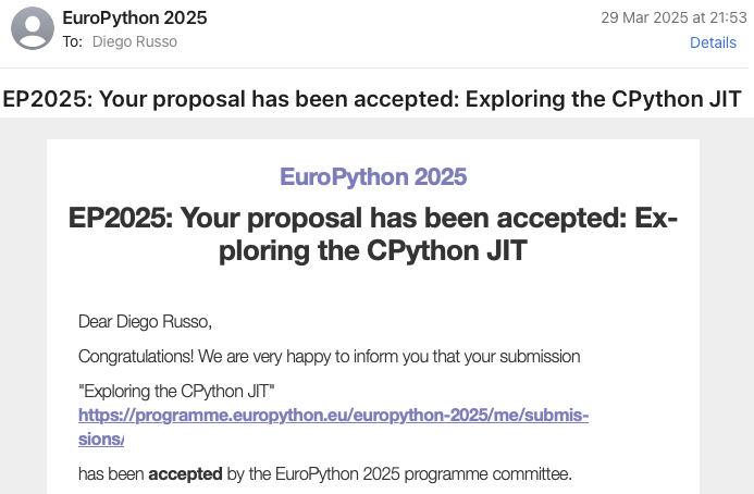 diegor's tweet image. I'm thrilled to announce that my proposal “Exploring the CPython JIT” has been accepted at @europython 🐍🚀
I look forward to sharing an in-depth look into the technical details of JIT compilation for CPython. See you at #EuroPython2025