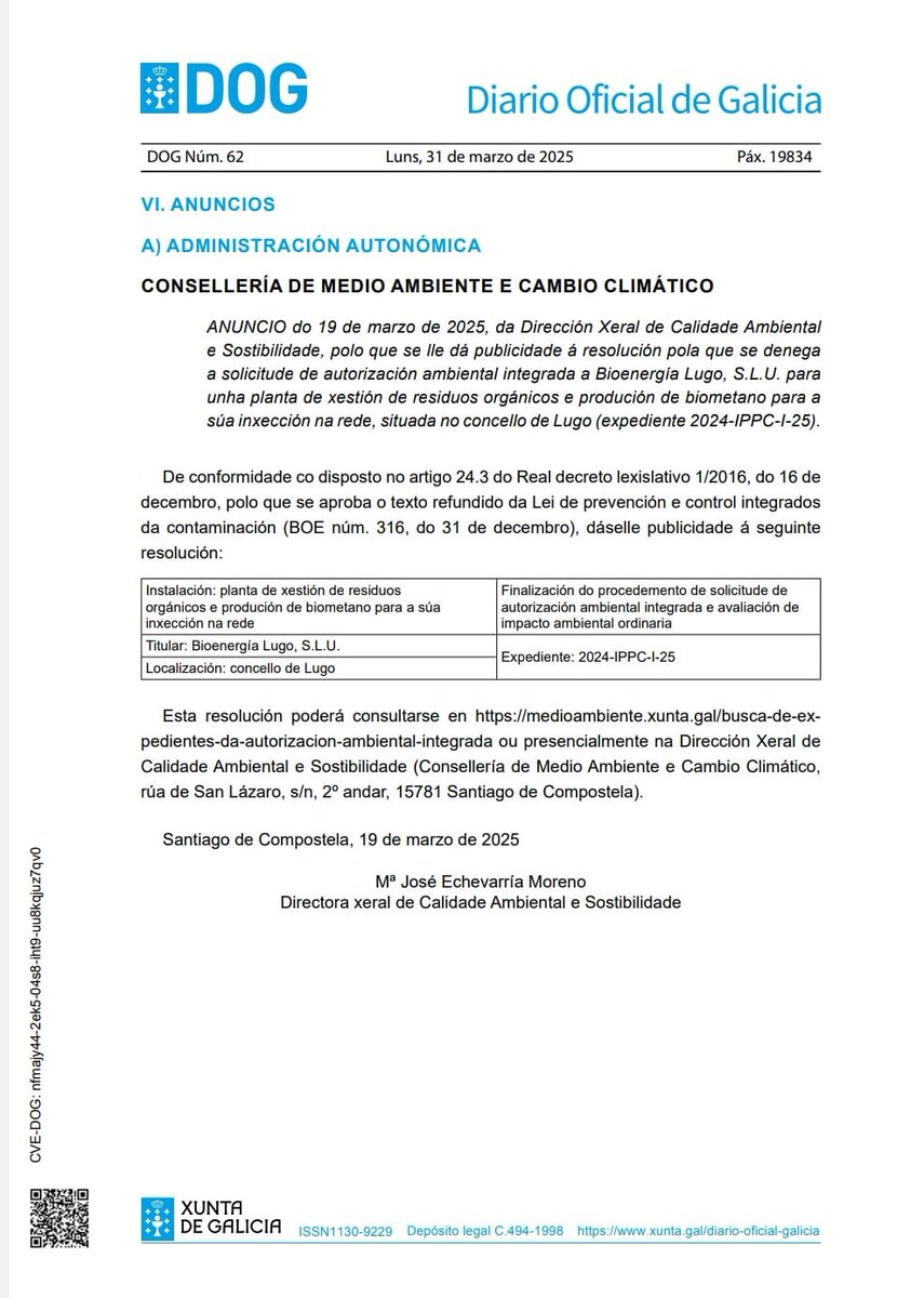 ecoloxistaslugo's tweet image. Hoxe no DOG 👇

A Xunta DENEGA a solicitude ambiental integrada a Bioenergía Lugo S. L. U. para a Planta de Biometano en LUGO (Coeses)