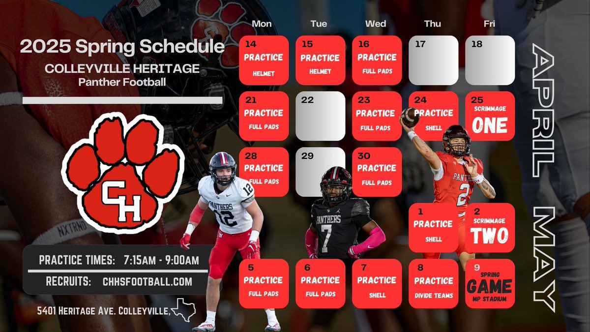 Inviting all coaches to come check our athletes out for spring football, Colleyville Tx/DFW
5401 Heritage Ave, Colleyville Tx
CHHS_FOOTBALL spring football 4/14 start and concluding 5/9 for our spring game. #GoPanthers x.com/messages/media…