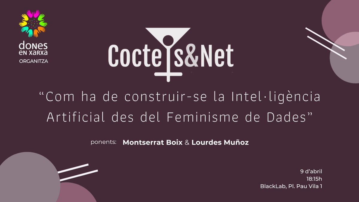 Dones en Xarxa (@donesenxarxa) on Twitter photo 🟪A #CoctelsNet debatrem com combatre els biaixos i les discriminacions que genera la #Intel·ligenciaArtificial
L’objectiu: posar-hi una mirada feminista i crear espais col·lectius per transformar-la.
Participa 9/4 amb <a href="/montserratboix/">Montserrat Boix</a> i <a href="/lourdesmunoz/">lourdes Muñoz</a>
👉 bit.ly/CNa25p 🟪A #CoctelsNet debatrem com combatre els biaixos i les discriminacions que genera la #Intel·ligenciaArtificial
L’objectiu: posar-hi una mirada feminista i crear espais col·lectius per transformar-la.
Participa 9/4 amb <a href="/montserratboix/">Montserrat Boix</a> i <a href="/lourdesmunoz/">lourdes Muñoz</a>
👉 bit.ly/CNa25p