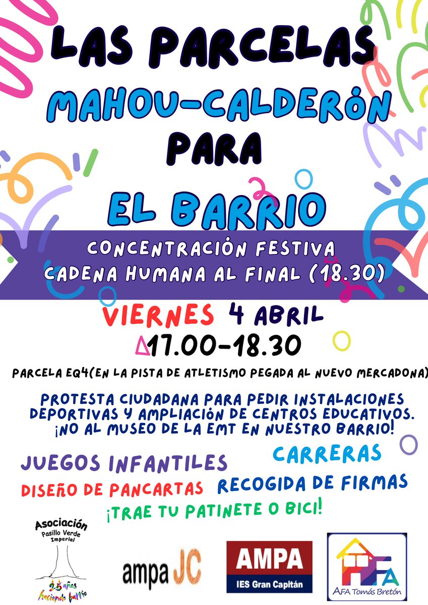 ‼️Concentración festiva Parcelas Mahou Calderón para el barrio ‼️
📍 Parcela EQ4, pista atletismo junto al nuevo Mercadona (paseo Melancólicos, 30)
➡️Equipamientos para el barrio
➡️No al museo EMT
➡️Polideportivo+ ampliación centros escolares SIN RECORTES 
‼️Ven y difunde‼️