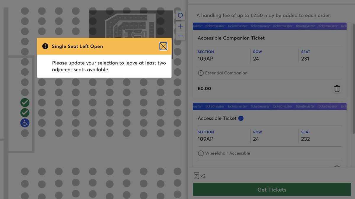 Another day, another stupid <a href="/TicketmasterUK/">ticketmasteruk</a> website design. When someone forgets to book at Companion ticket for wheelchair, it then blocks the seats next to it...