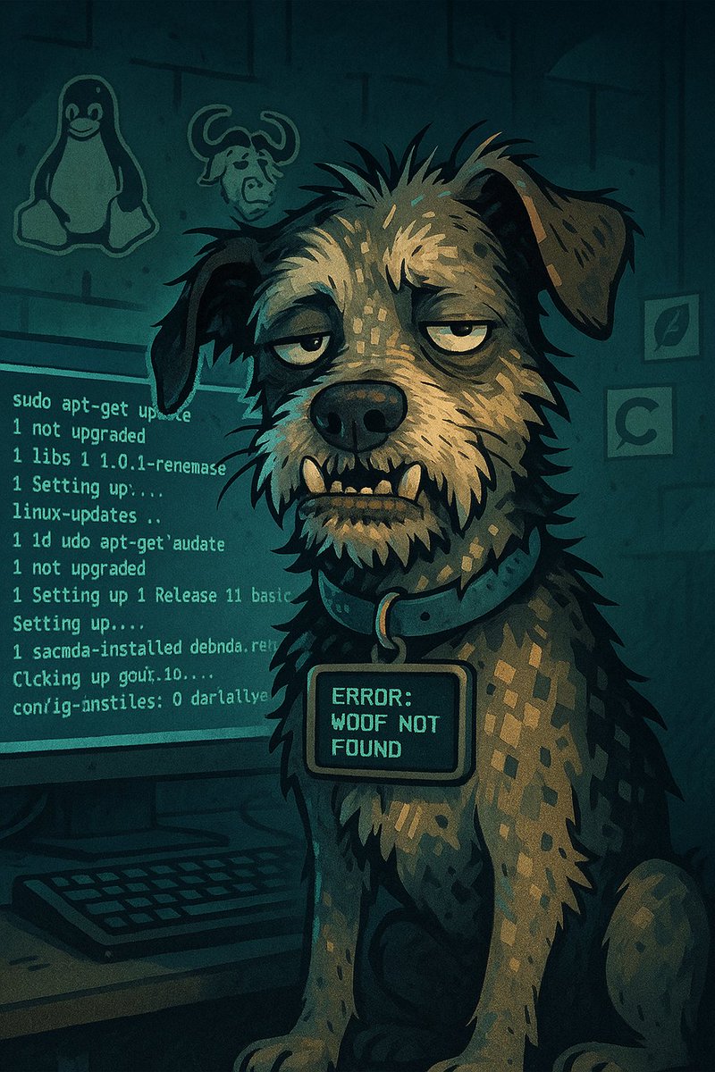 BenWest's tweet image. With the blasphemous help of multiple AIs, the stolen art and ideas of all of humanity and enough energy and water to boil the ocean I present: Kern 🙃

Kern tried to `sudo apt-get update`...  
.
Now he&apos;s fetching `--fix-broken-woof` in verbose mode

 🐕🔧 #LinuxMascot #FOSS
